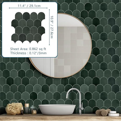 SUNWINGS 10-Sheet Fish Scale Peel and Stick Backsplash Tile, 11.4'' x 10.9" Stone Composite Scallop Handmade Looks Self-Adhesive Wall Tiles for Kitchen Bathroom, Green