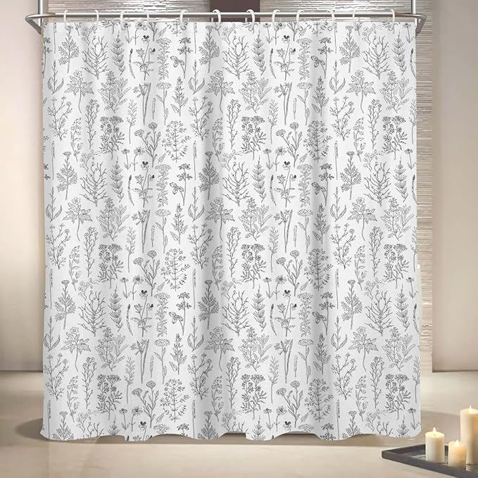 Coxila Vintage Floral Shower Curtain Extra Long XL Botanical Flower Black White Gray Farmhouse Neutral Wildflower Cute Retro Plant Nature Bathroom 72 x 84 Inch Polyester Fabric 12 Pack Hooks