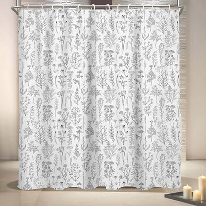 Coxila Vintage Floral Shower Curtain Extra Long XL Botanical Flower Black White Gray Farmhouse Neutral Wildflower Cute Retro Plant Nature Bathroom 72 x 84 Inch Polyester Fabric 12 Pack Hooks