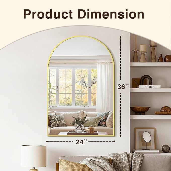 Arched Bathroom Vanity Mirror for Over Sink, 36”x24”, Gold | HD Tempered Glass, Anti-Rust Metal Frame, Hanging or Leaning, Wall Mirrors for Bathroom Sink, Bedroom, Living Room, Entryway