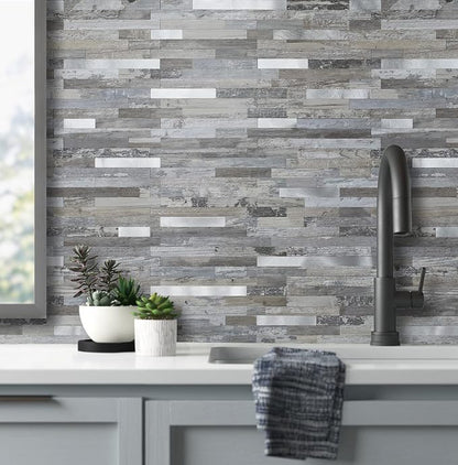 AULIGET 2-Sheet Peel and Stick Backsplash Wall Tiles, Distressed Wood Look PVC Wall Tiles Stick on Backsplash