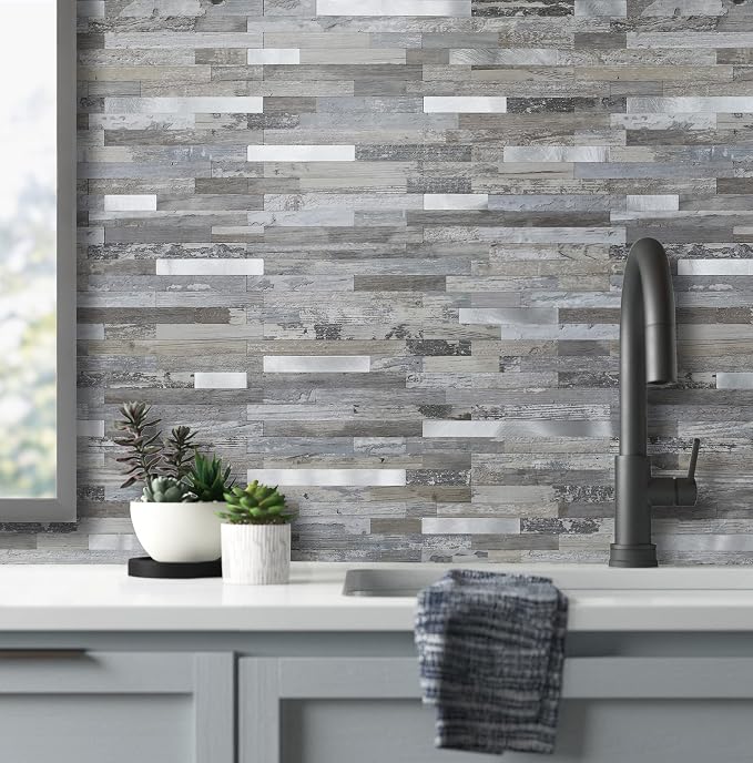 AULIGET 40 Sheets Peel and Stick Backsplash, Distressed Wood Look PVC Wall Tiles Stick on Backsplash for Kitchen
