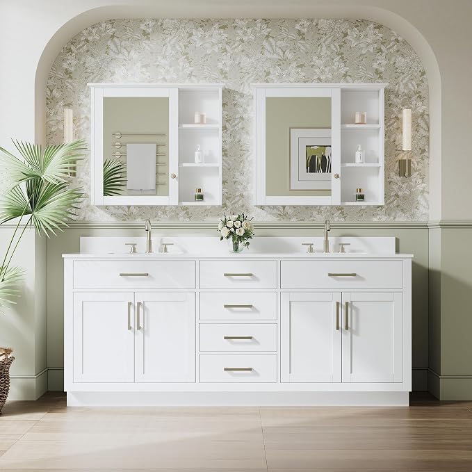 80-Inch Bathroom Vanity with Double Sinks W/ 4 Doors & 4 Drawers & 2 Flip Drawers, White Vanity W/Brushed Nickel Handles