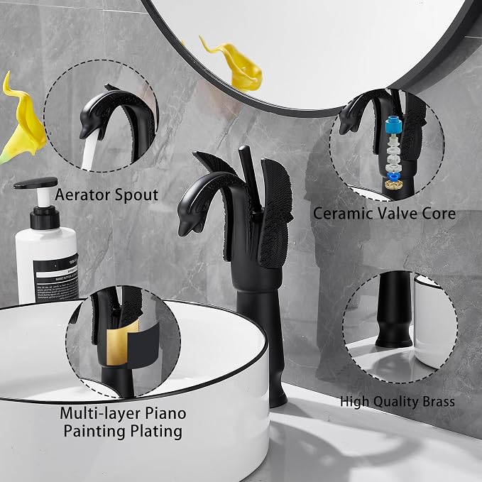 Matte Black Swan Shape Single Handle 1Hole Bathroom Vessel Sink Faucet Deck Mount Lavatory Sink Faucet