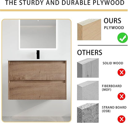 Malwee 30" Floating Bathroom Vanity with Sink, 30 Inch Single Sink Wall Mounted Bathroom Vanity Combo, with 2 Drawers and White Ceramic Basin Top, Bath Wall-Hung Cabinet Set with Storage MA05130IMO
