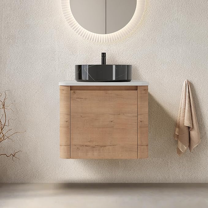 LKTART 24 Inch Floating Bathroom Vanity with Sink, Modern Wall Mounted Bathroom with Soft Close Door, Black Stone Round Ceramic Basin and Sintered Stone Top