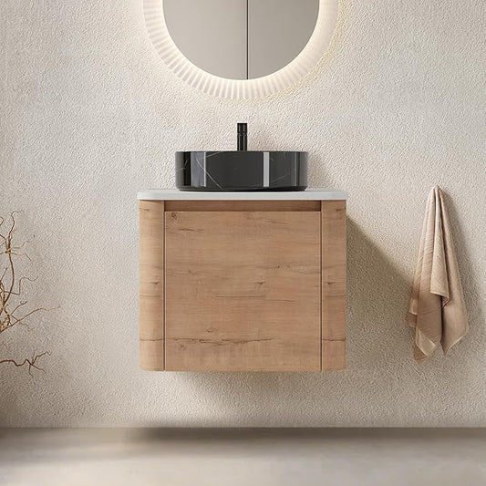 LKTART 24 Inch Floating Bathroom Vanity with Sink, Modern Wall Mounted Bathroom with Soft Close Door, Black Stone Round Ceramic Basin and Sintered Stone Top