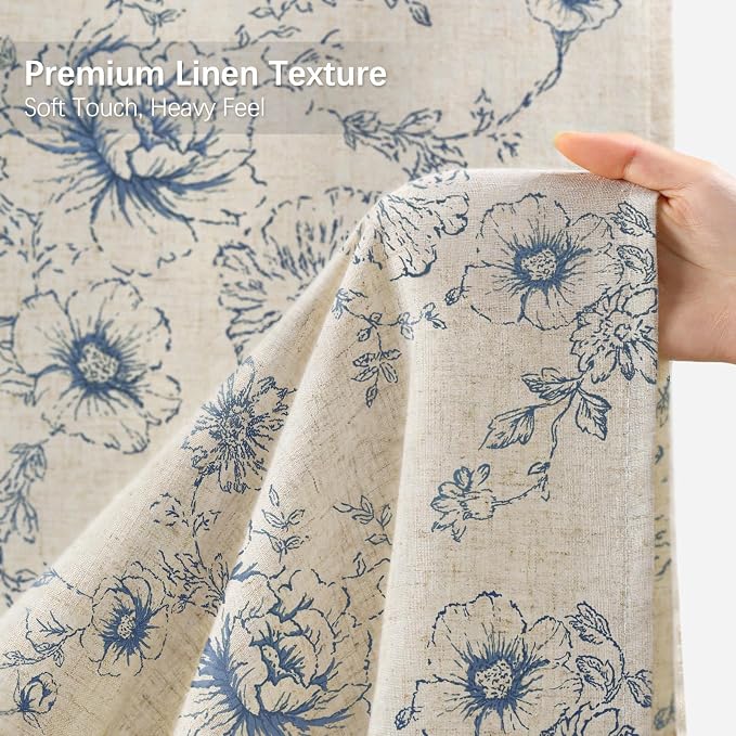 Farmhouse Floral Vintage Shower Curtain for Bathroom, Dark Blue and Tan | Elegant Boho Pattern Bath Curtain Linen Fabric,72" W x 72" L