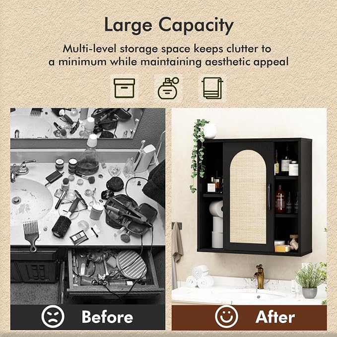 RUSTOWN Boho Rattan Bathroom Wall Cabinet with Sliding Door, Black | Farmhouse Bathroom Cabinet, Adjustable Shelves, Over The Toilet Storage Cabinet, 3-Tier Wall Mounted Cabinets