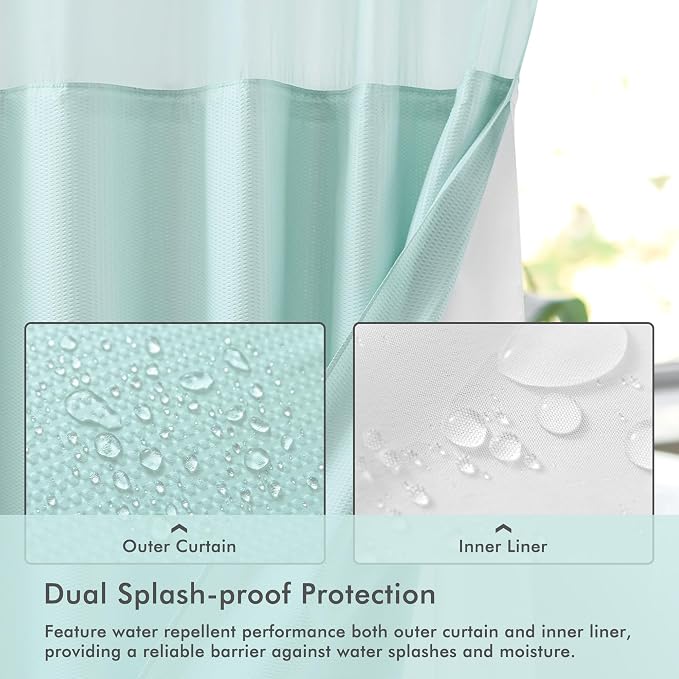 No Hook Shower Curtain with Snap-in Liner, Embossed Waffle Design Fabric Shower Curtain for Bathroom, Soft & Lightweight, 71x74, Sky Blue