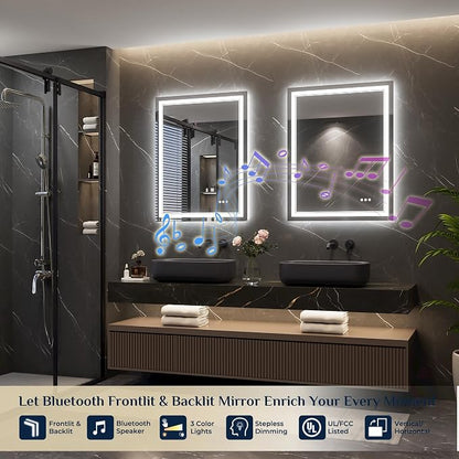 Keonjinn 28" x 36" LED Bathroom Mirror with Lights, Frontlit & Backlit | Bluetooth Speaker, Bluetooth Mirror Bathroom, Stepless Dimmable 3-Color Lights, Tempered Glass, Fast & Safe Defogging, CRI90+