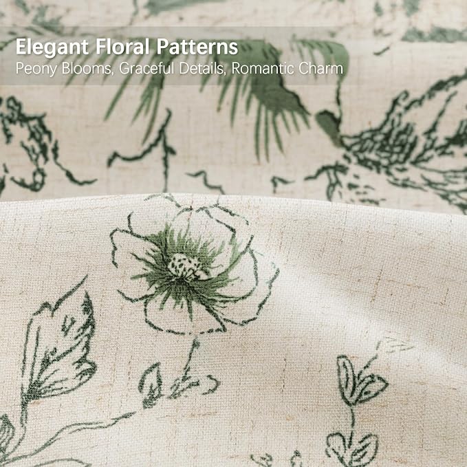 Farmhouse Floral Linen Shower Curtain, Vintage Green Pattern Rustic Shower Curtains for Bathroom, 72x78