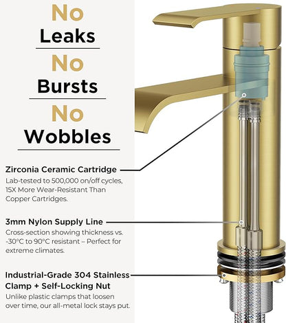 FORIOUS Brushed Gold Bathroom Faucet 1 Hole, Single Hole Gold Waterfall Faucet for Bathroom Sink with Deck Plate, Single Handle Vanity Tap Upgrade with Pop-up Drain and CUPC Hose for Rv, Lavatory