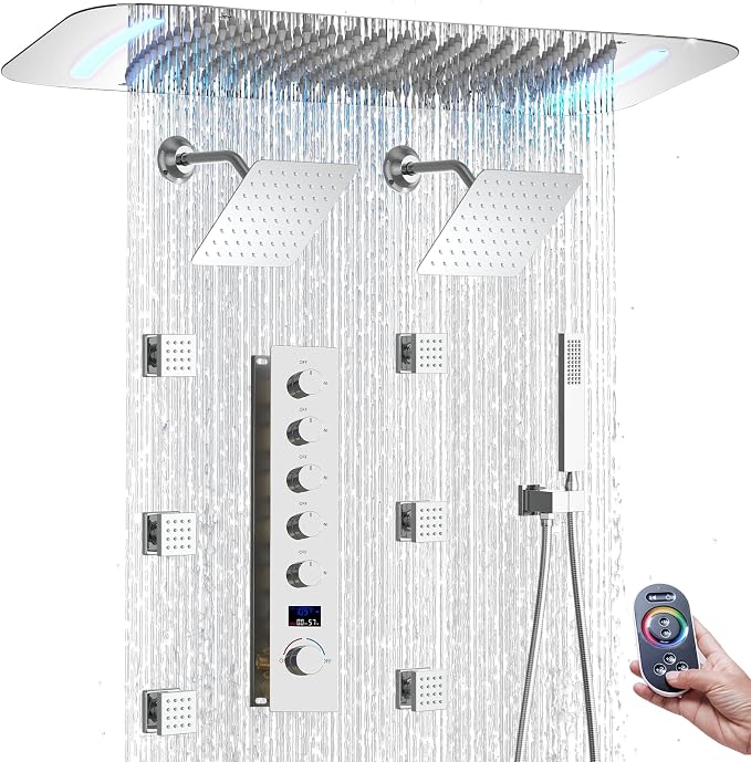 16X26 inch Shower System Chrome Shower Head and Handle Set | Temperature Display Shower Faucet with Dual 8 inch Shower Head, 6 Body Jet, Handheld Shower, 5 Functions Can All Run Together
