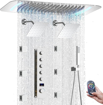 16X26 inch Shower System Chrome Shower Head and Handle Set | Temperature Display Shower Faucet with Dual 8 inch Shower Head, 6 Body Jet, Handheld Shower, 5 Functions Can All Run Together