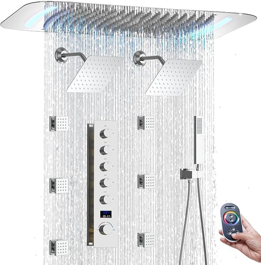 16X26 inch Shower System Chrome Shower Head and Handle Set | Temperature Display Shower Faucet with Dual 8 inch Shower Head, 6 Body Jet, Handheld Shower, 5 Functions Can All Run Together