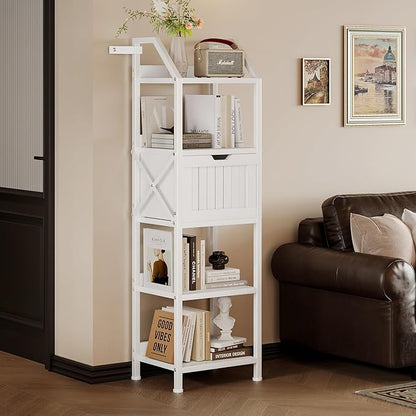 Homeiju Bathroom Floor Cabinet, 5-Tier Bathroom Storage Organizer Rack with Drawer, Multifunctional Corner Unit, 47.24 Inches in Height, White