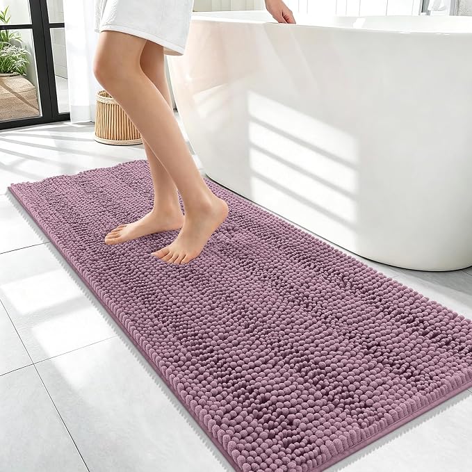 OLANLY Thick Bathroom Runner Rugs 47x17, Soft Chenille Bath Rugs, Deep Plum | Absorbent Striped, Rubber Backing, Machine Wash, Long Bath Mats for Bathroom Floor, Tub and Shower, Home Decor Accessories