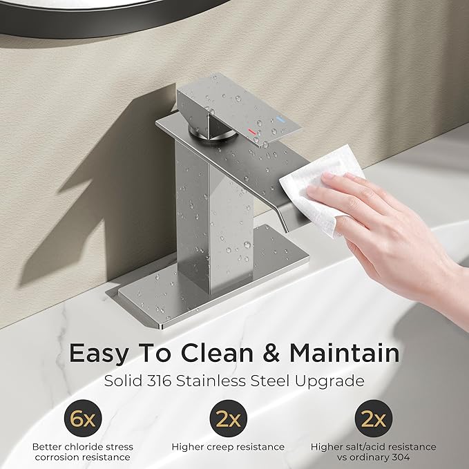 FORIOUS Bathroom Faucet Brushd Nickel Modern Waterfall Bathroom Sink Faucet 1 or 3 Hole Single Handle with Deck Plate and Drain, Suitable for Vanity Rv Camper Commerical