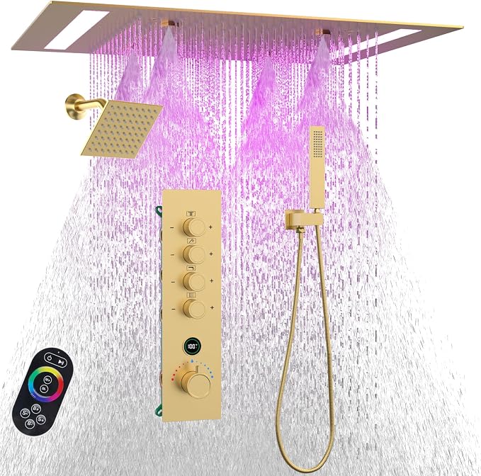 Luxury 20x14in LED Rainfall Mist Dual Shower System Can Run Togther | Brushed Gold 4-way Thermostatic Digital Display Brass Valve, Ceiling Flush Showerhead and 6in Tilt Shower, Brass Handheld