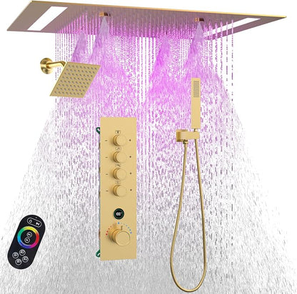 Luxury 20x14in LED Rainfall Mist Dual Shower System Can Run Togther | Brushed Gold 4-way Thermostatic Digital Display Brass Valve, Ceiling Flush Showerhead and 6in Tilt Shower, Brass Handheld