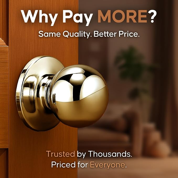 Copper Creek Passage Interior Door Knob – ANSI Grade-3 Certified, Modern Heavy Duty Handle, Easy Install and Reversible for Bedroom, Bathroom & Closets – Polished Brass (1 Pack)
