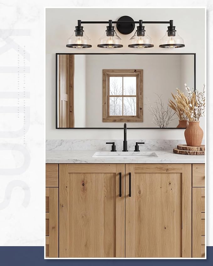 kudos 4-Light Matte Black Vanity Light, Clear Glass Shade | 33" bathroom light fixtures over mirror, upward or downward, E26 base, bulbs not included, Hardwired, KDVL20-BK-4