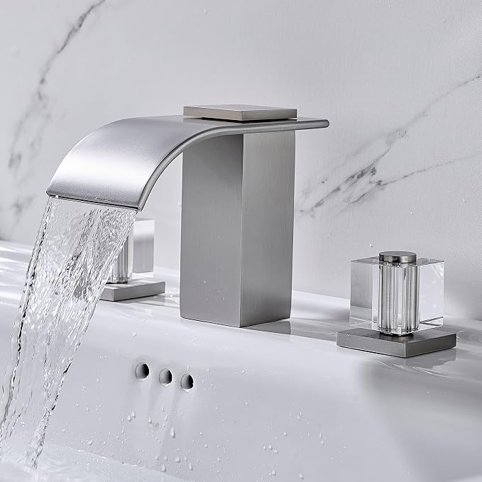 Brushed Nickel Waterfall Bathroom Faucet, 3 Hole Widespread Bathroom Sink Faucet with Crystal Handles, Modern 2 Handle Deck Mount Vanity Lavatory Faucet