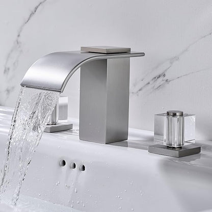 Brushed Nickel Waterfall Bathroom Faucet, 3 Hole Widespread Bathroom Sink Faucet with Crystal Handles, Modern 2 Handle Deck Mount Vanity Lavatory Faucet