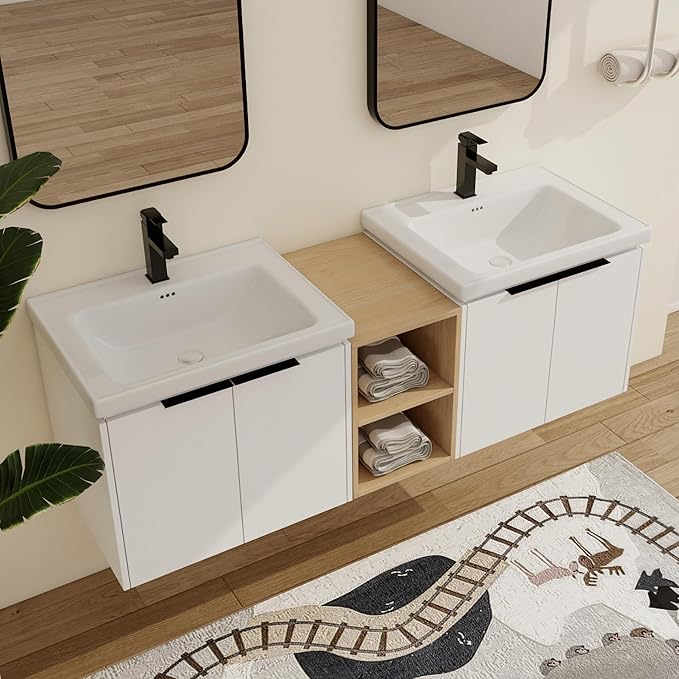 Malwee 60" Floating Bathroom Vanity with White Ceramic Basin Sink Top, 60 Inch Double Sink Wall Mounted Bathroom Vanity, with 4 Doors and Storage Shelve.MA07460