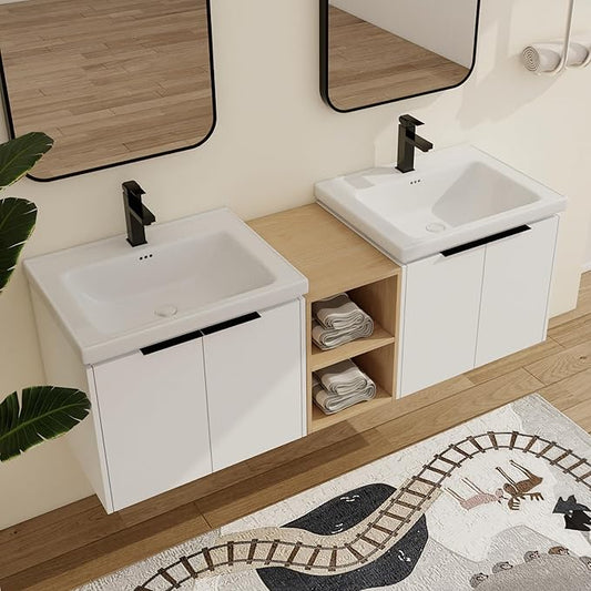Malwee 60" Floating Bathroom Vanity with White Ceramic Basin Sink Top, 60 Inch Double Sink Wall Mounted Bathroom Vanity, with 4 Doors and Storage Shelve.MA07460
