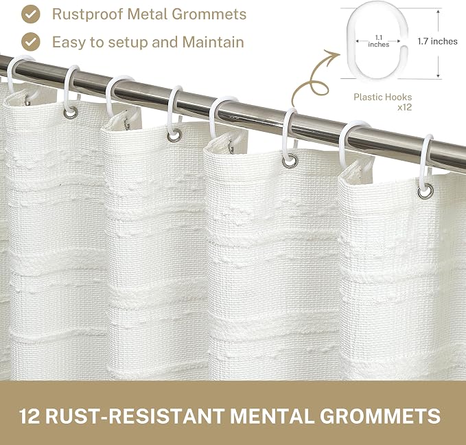 Farmhouse White Shower Curtain Boho, 72 x 72 Cotton Blend Tufted Weave Waffle Stripe Textured Heavy Duty, Fabric Shower Curtain for Bathroom, Hotel