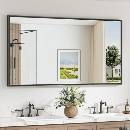 Keonjinn 55 x 30 Inch Black Large Bathroom Mirrors for Over Sink | Metal Frame, Rectangular Mirror for Wall, Beveled Framed Design, Rustic Bathroom Vanity Mirror, Tempered Glass, Square Corner