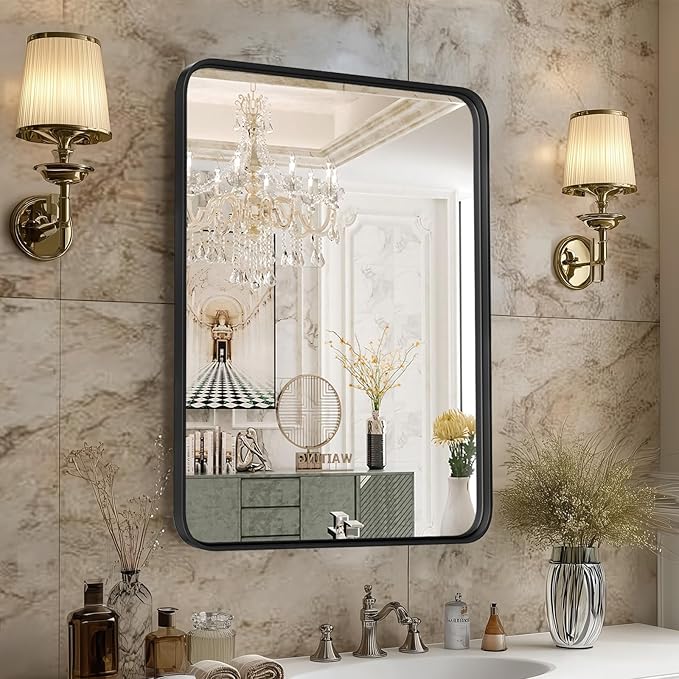 OLIXIS Bathroom Mirror 24x36 Inch, Wall Mount Vanity Mirrors | Matte Metal Framed Rectangle, Over Sink Modern Home Decor, Living Room Bedroom, Black