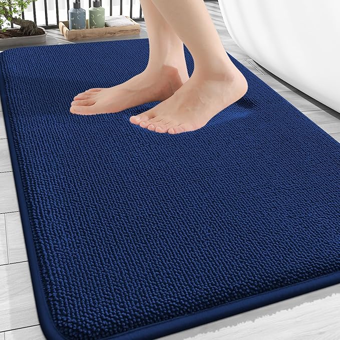OLANLY Thick Memory Foam Bathroom Rugs 32x20, Soft Absorbent Bath Mat, Navy | Quick Dry Bath Rugs, Non-Slip Carpet, Machine Washable Mats for Bathroom Floor, Tub and Shower, Home Decor Accessories