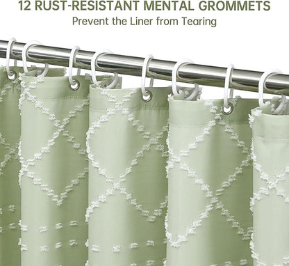 Extra Long Green Boho Shower Curtain - Woven Fabric Cute 84 Inch with Tassel, 72 x 84 Tufted Chevron Textured Striped Modern Farmhouse Minimalist for Bathroom