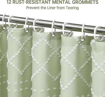 Siiluminisoy Boho Green Shower Curtain Woven Fabric Cute Shower Curtain with Tassel, 72 x 72 Tufted Chevron Textured Striped Modern Farmhouse Minimalist Cloth Shower Curtain for Bathroom
