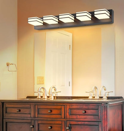 GOODATE 3 Color Temperature Dimmable Vanity Lighting Fixtures, LED Black 5 Light Bathroom Vanity Light Fixtures, Acrylic Stainless Steel Square Shade Vanity Lights for Bathroom, ETL Certificated