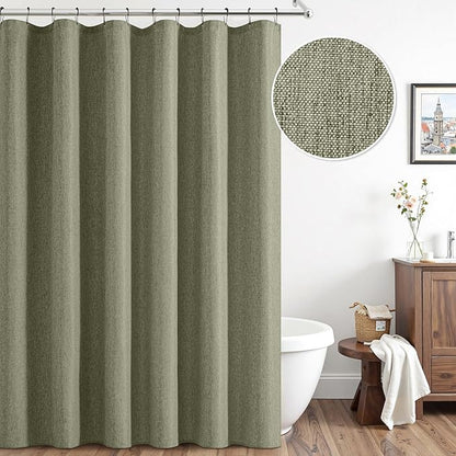 ANRODUO Olive Green Linen Textured Fabric Shower Curtain Set - W72xL84 | Farmhouse Shower Curtain with 12 Metal Hooks, Waterproof Heavy Duty, Button Hole Design, Machine Washable for Bathroom
