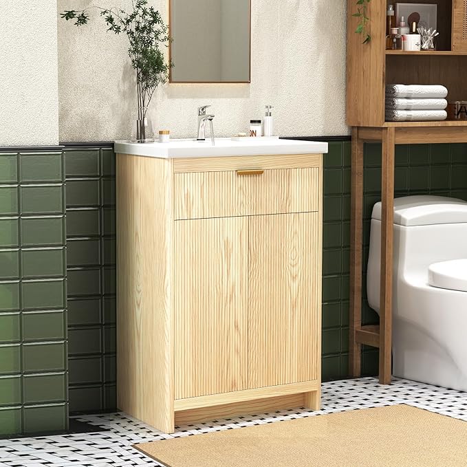 24 Inch Bathroom Vanity with Sink, Bathroom Vanity Cabinet with Single Sink, Bath Vanities with 2 Doors and 1 Flip Drawer, Natural Oak (19" D x 24" W x 36" H)