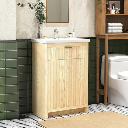 24 Inch Bathroom Vanity with Sink, Bathroom Vanity Cabinet with Single Sink, Bath Vanities with 2 Doors and 1 Flip Drawer, Natural Oak (19" D x 24" W x 36" H)