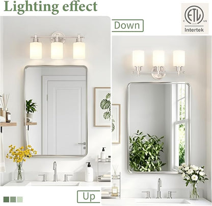 Brushed Nickel Bathroom Vanity Light, 3 Light Modern Wall Sconces, 17.5Inch | Anti-Rust Vanity Light Over Mirror, Vanity Light Fixture with White Frosted Glass Shades for Bathroom, Bedroom, E26 Socket