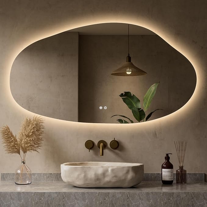 Keonjinn Irregular LED Mirror for Bathroom 55 x 30 Inch, Tempered Glass | Asymmetrical Backlit Bathroom Mirror, Stepless Dimmable with 3 Colors, Fast Defogging, Memory Function, Plug-in/Hardwired