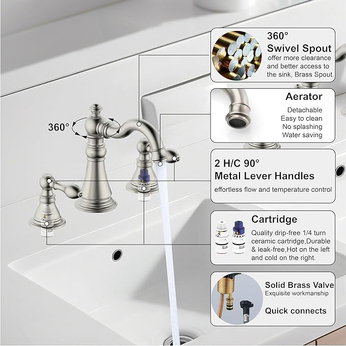 8 Inch Two-Handle Widespread Bathroom Faucet with Pop up Drain, Brushed Nickel Bathroom Sink Faucet 3 Hole,High Arc Swivel Spout Lavatory Faucet,F-8805-BN