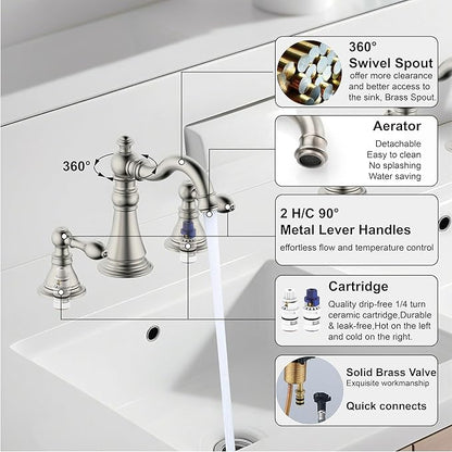 8 Inch Two-Handle Widespread Bathroom Faucet with Pop up Drain, Brushed Nickel Bathroom Sink Faucet 3 Hole,High Arc Swivel Spout Lavatory Faucet,F-8805-BN