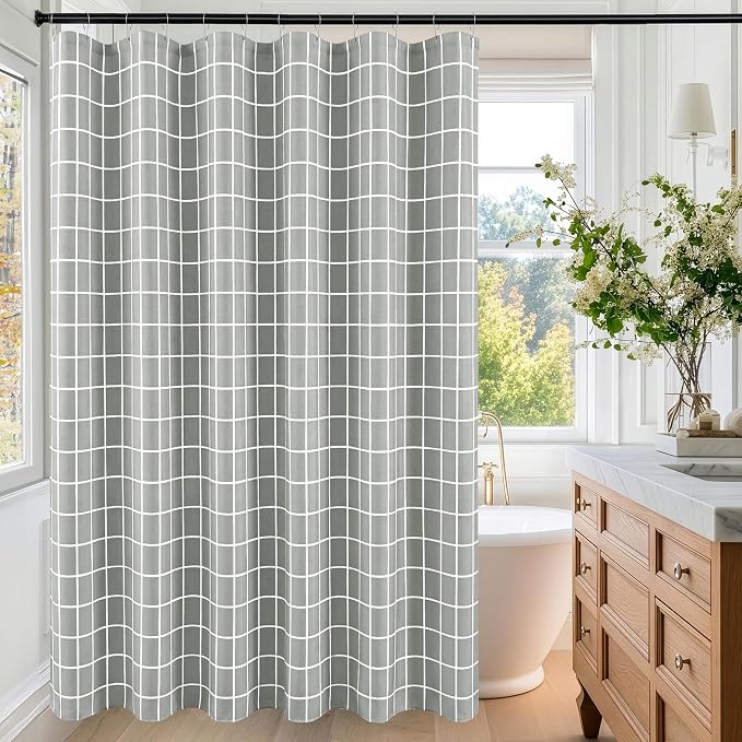 Fabric Farmhouse Shower Curtain-Extra Long Cloth Shower Curtains Bathroom | 72"Wx84"L Silver Grey Faux Linen Grid Minimalist Simple Rustic Neutral Shower Curtain-Geometric Plaid Washable Hotel Quality