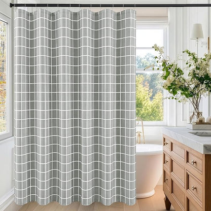 Fabric Farmhouse Shower Curtain-Extra Long Cloth Shower Curtains Bathroom | 72"Wx84"L Silver Grey Faux Linen Grid Minimalist Simple Rustic Neutral Shower Curtain-Geometric Plaid Washable Hotel Quality
