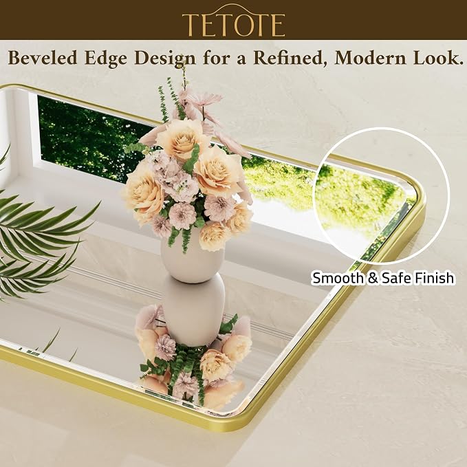 Brushed Gold Bathroom Mirror 24 x 30 Beveled Edge Tempered Glass, Rounded Corner Rectangle Bathroom Mirror for Over Sink for Modern Bathroom, Living Room, Bedroom, Entryway