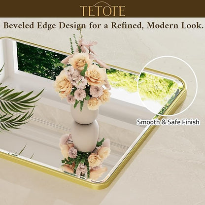 Brushed Gold Framed Bathroom Mirror 72 x 36 Large Beveled Edge Tempered Glass, Rounded Corner Rectangle Bathroom Mirror for Modern Bathroom, Living Room, Bedroom, Entryway