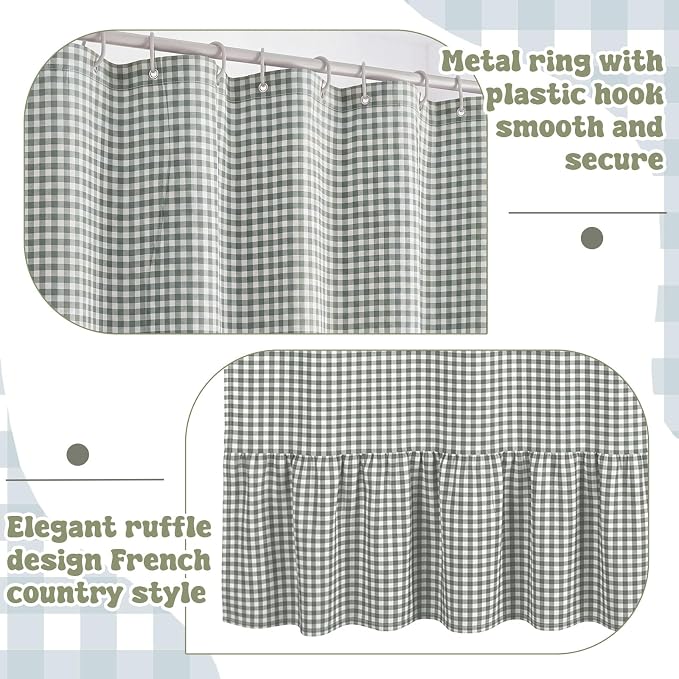 HunnmingRe Ruffle Hem Gingham Shower Curtain Sage Green | 72'' x 72'' Vintage Farmhouse Curtain, Cotton Cottage Core Rural Checkered Plaid Decor, Fall Shower Curtain for Bathroom